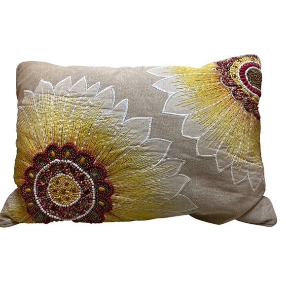 Pier 1 Embroidered Sunflower Throw Pillow Beige With Yellow & Red Beaded Accents - Picture 1 of 5